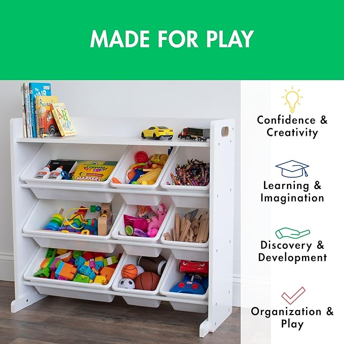Humble Crew Toy Storage Organizer with Top Shelf and 9 Removable Bins, White/White – Toddler Bookshelf with Toy Organizer - Modern Toy Rack Ideal for Kids' Rooms, Playrooms, and Nurseries