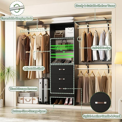 Closet System with Drawer - 8FT Wood Closet Organizer System with 3 Hanging Rods and Shelving Tower, 96" Walk In Closet Organizer Wardrobe, Heavy Duty Garment Rack Clothes Rack, Black