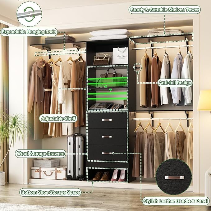 Closet System with Drawer - 8FT Wood Closet Organizer System with 3 Hanging Rods and Shelving Tower, 96" Walk In Closet Organizer Wardrobe, Black