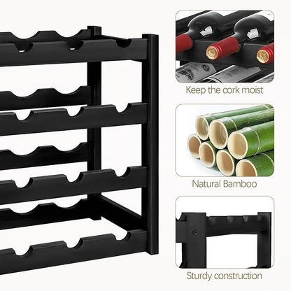 VASMIA Wine Rack, 4-Tier Bamboo Wine Racks Countertop,Sturdy and Durable Wine Storage Cabinet Shelf,16 Bottles Wine Holder for Kitchen Pantry, Black