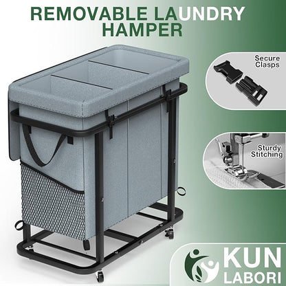 60 Gal (230L) High Grade Large Laundry Basket with Wheels, Rolling Laundry Hamper, Laundry Cart with Metal Frame and Removable Bag Design, Suitable for Laundry Room, Bedroom (Grey, 3 Section 230L)