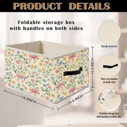 Coquette Pink Bow Floral Storage Bin Box with Handles, Rustic Colorful Flower Botanical Foldable Organizer Basket Toybox for Girls Room Dorm Bedroom Bathroom Clothes Toys Books