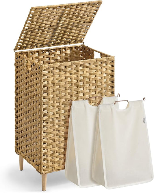 SONGMICS 2-Section Laundry Hamper with Lid, 29 Gal (110L) PE Rattan Laundry Basket with Removable Washable Liners, for Bedroom & Living Room, Goose Yellow ULCB222YE01