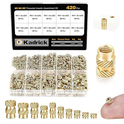 Kadrick 420Pcs M3 M4 M5 Threaded Inserts Assortment Kit for 3D Printing Components, Metric Brass Knurled Nuts, Insert by Heat into Plastic Parts