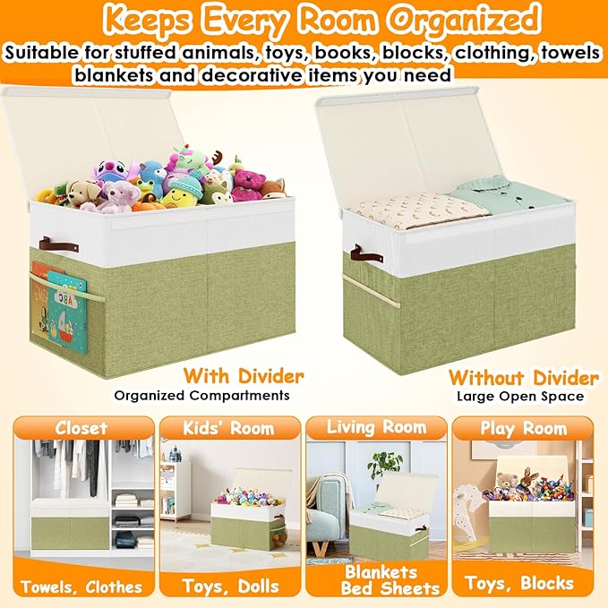 Large Toy Storage Box with Lid Upgraded Toy Storage Chest Organizer with Divider Foldable Toy Bin for Kids Boys Girls Playroom Nursery Bedroom (25"x13"x16")