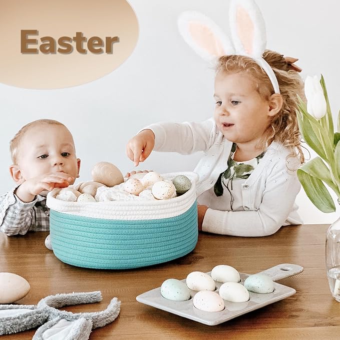Goodpick Easter Basket Empty to Fill, Small Woven Basket with Handles for Organizing, Baby Dog Toy Laundry Baskets, 12"x 8" x 5", Blue