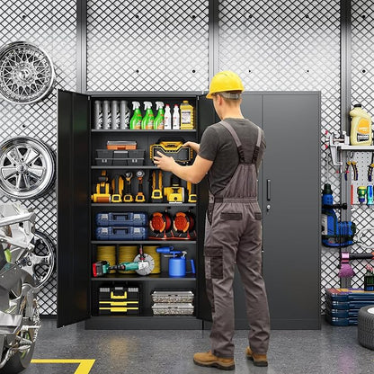 Metal Garage Storage Cabinet, 71" Locking Cabinet with 2 Doors and 4 Adjustable Shelves, Black