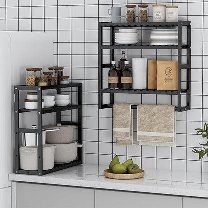 PPN Towel Rack Bathroom Storage Shelves Over The Toilet with Towel Bar 100% Bamboo Adjustable Height Floating Shelf Wall Shower Shelf for Small Space Bathroom Kitchen Multi Usage (Black-2Pack)