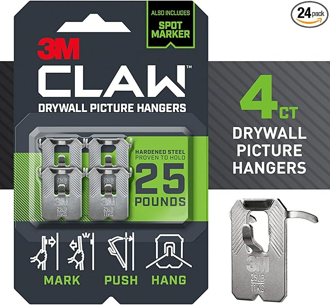 3M Claw 25 lb. Drywall Picture Hanger with Spot Markers, Heavyweight Hanging Solution for Room Decor and Office Decor, Including Mirrors or Large Art – 4 Pack