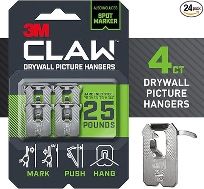 3M Claw 25 lb. Drywall Picture Hanger with Spot Markers, Heavyweight Hanging Solution for Room Decor and Office Decor, Including Mirrors or Large Art – 4 Pack