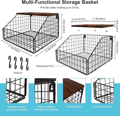 Laundry Room Shelves Wall Mounted with Storage Basket - Farmhouse Stackable Wire Wall Shelves Organizer for Towels, Detergent, Tissues | Space-Saving Over Washer & Dryer(11.8" Wx12 Dx8.5 H)
