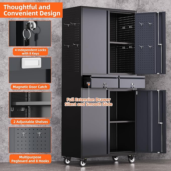 Garage Storage Cabinet with Wheels, 8 Hooks and Pegboards, 71" H 2 Drawer Rolling Metal Storage Cabinet with Locking Doors and 2 Adjustable Shelves for Garage, Warehouse, Black and Dark Gray
