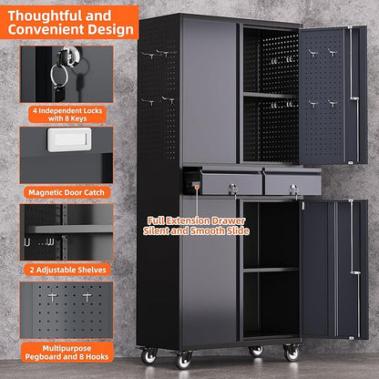 Garage Storage Cabinet with Wheels, 8 Hooks and Pegboards, 71" H 2 Drawer Rolling Metal Storage Cabinet with Locking Doors and 2 Adjustable Shelves for Garage, Warehouse, Black and Dark Gray