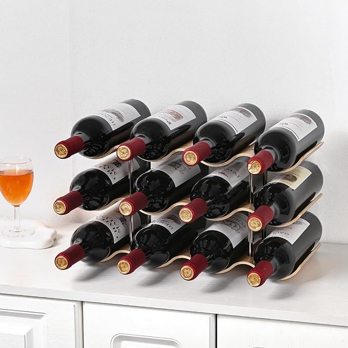 Countertop Wine Rack - 12 Bottle Freestanding Wine Bottle Holder Stand - 3 Tier Wooden Wine Storage Rack - Wavy Wine Organizer for Cabinet Pantry Home Kitchen Bar