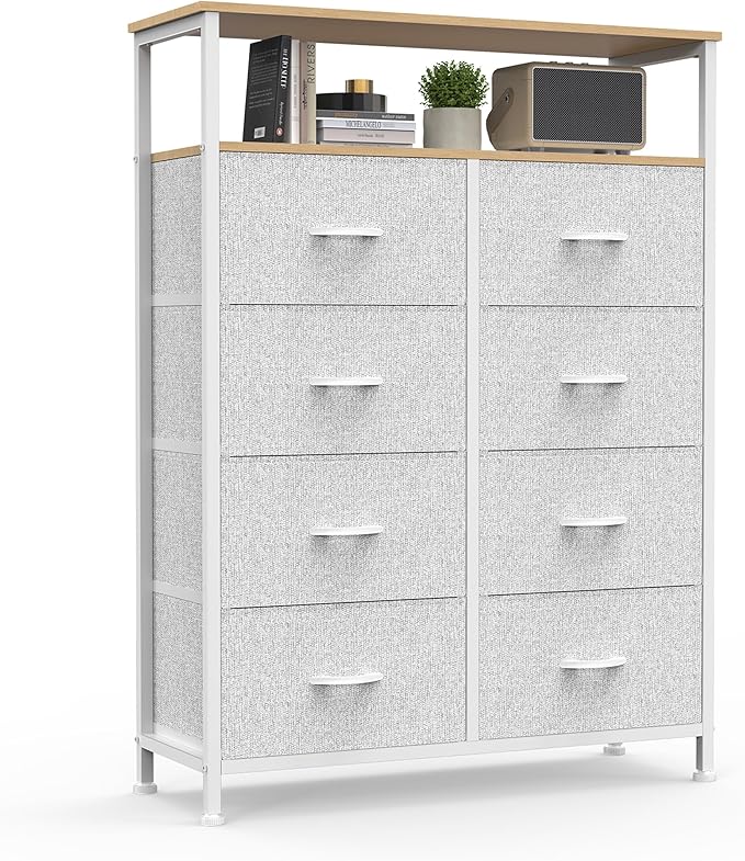DUMOS Fabric Dresser for Bedroom with 8 Drawers, Tall 8-Drawer Chest of Drawers with Raised Shelf, Storage Tower with Fabric Bins for Closet Organization, Hallway Storage, Light Grey
