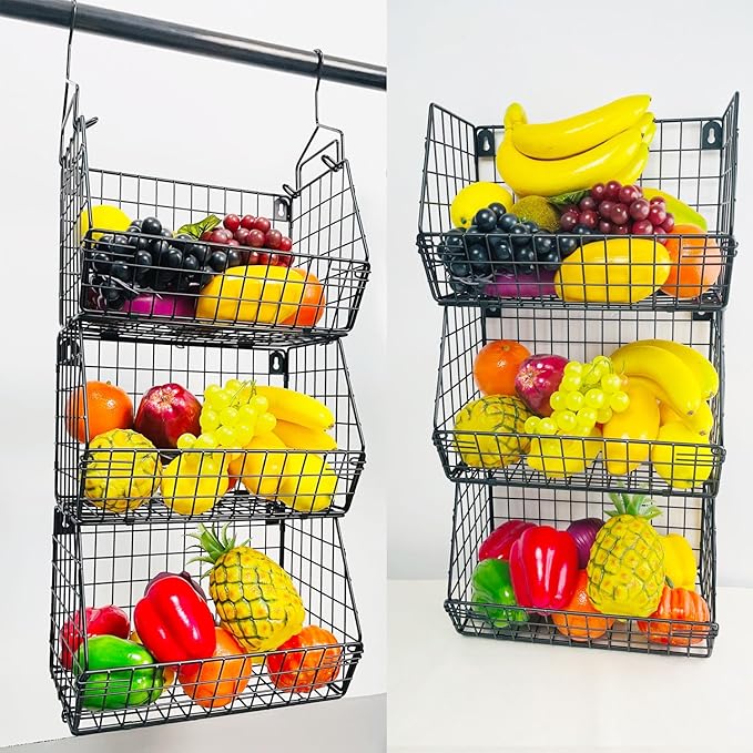 3 Tier Hanging Foldable Wire Baskets Closet Organizer Clothes Shelves Countertop Caddy Bin Wall Mount Shelf Wire Storage Basket Bins for Clothing Handbags Snacks Drinks Fruits M