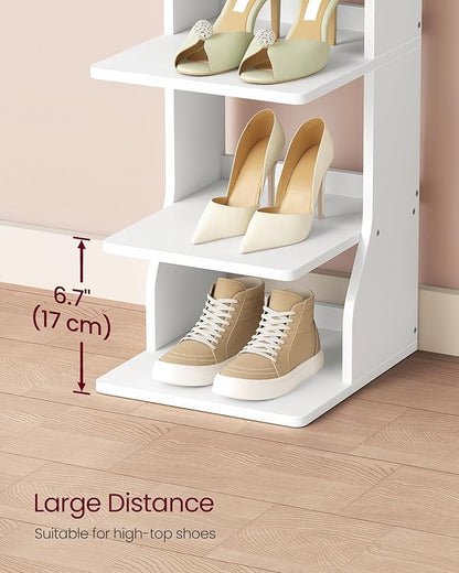 VASAGLE 9-Tier Vertical Shoe Rack, Narrow Shoe Storage Organizer with Hooks, Slim Corner Tower Shelf, Space-Saving for Entryway and Bedroom, White ULBS210WB01