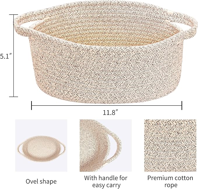 ABenkle Small Woven Basket 12"x 8"x 5" - Rope Room Shelf Storage, Cat Dog Toys Chest Box, Decorative Empty Gift With Handles - All Mixed Brown