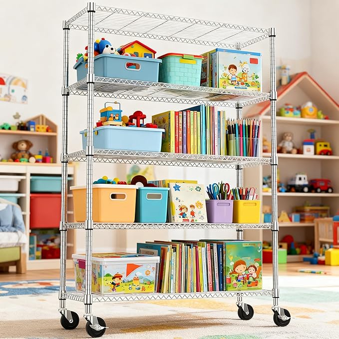 1750LBS 47.2" W 5 Tiers Storage Shelves Metal Shelving Unit with Wheels Heavy Duty Garage Shelving Adjustable Wire Shelves for Pantry,Kitchen,Garage,Basement,Chrome 17.7" D x 47.2" W x 76.8" H