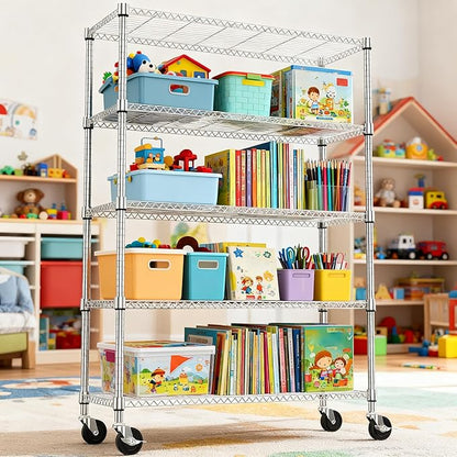 1750LBS 47.2" W 5 Tiers Storage Shelves Metal Shelving Unit with Wheels Heavy Duty Garage Shelving Adjustable Wire Shelves for Pantry,Kitchen,Garage,Basement,Chrome 17.7" D x 47.2" W x 76.8" H