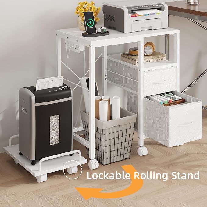 YAOHUOO Printer Stand with Power Outlet/Fabric Drawers, Printer Cabinet with Storage Shelf and Rolling Shredder Stand, Printer Table for Home Office, 22.8"×15" White
