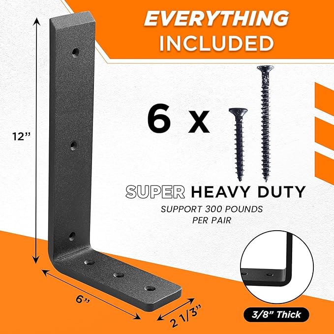 BATODA 12” Countertop Support Brackets for Granite (2 pcs) - Heavy Duty L Shelf Bracket - Wall Mounted Support for DIY Open Shelving – Blind Shelf Support - Shelving Mounting Hardware Included(Pack 2)