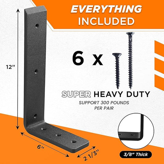 BATODA 12” Countertop Support Brackets for Granite (2 pcs) - Heavy Duty L Shelf Bracket - Wall Mounted Support for DIY Open Shelving – Blind Shelf Support - Shelving Mounting Hardware Included(Pack 2)