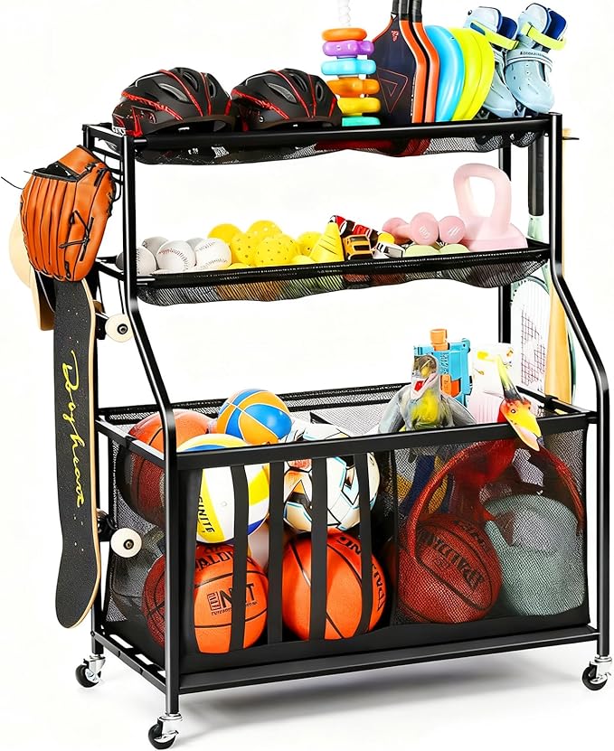 Kinghouse Garage Sports Equipment Organizer with 37 Gal Ball Storage Bin, Sports Rack with Hooks Elastic Straps for Basketball, Soccer, Tennis, Stick, Racket, Nerf Gun, Toy, Indoor, Outdoor