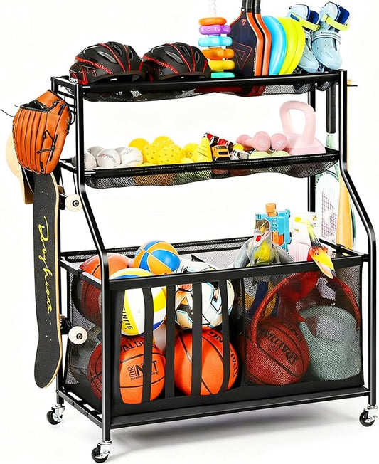 Kinghouse Garage Sports Equipment Organizer with 37 Gal Ball Storage Bin, Sports Rack with Hooks Elastic Straps for Basketball, Soccer, Tennis, Stick, Racket, Nerf Gun, Toy, Indoor, Outdoor