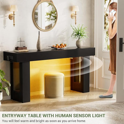 Unikito 63'' Farmhouse Console Table with Power Outlets and Sensor Light, Wooden Entryway Table with Storage, Rectangular Sofa Tables Behind The Couch for Entrance, Hallway, Living Room, Black