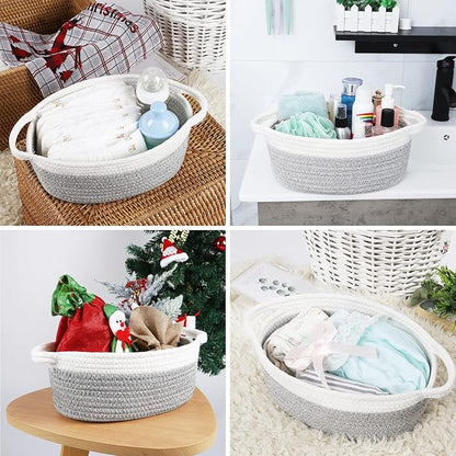 ABenkle Small Basket with Handles, Boho Decorative Rope Woven Dog Cat Toy Storage Bin Shelf Storage Organizer, Easter Christmas Gift Basket, 12"x8"x5"