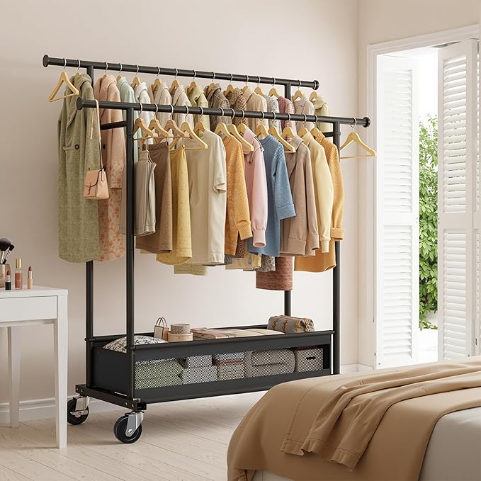 Clothes Rack, Double rods clothing rack, Clothing Racks for hanging clothes, Rolling clothes rack with Storage Basket & Heavy Duty Wheels, garment rack for Bedroom, Laundry Room, Black