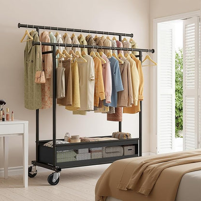 Clothes Rack, Double rods clothing rack, Clothing Racks for hanging clothes, Rolling clothes rack with Storage Basket & Heavy Duty Wheels, garment rack for Bedroom, Laundry Room, Black