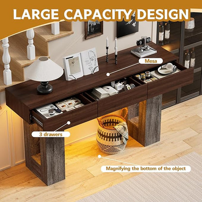 PAKASEPT 63-Inch Long Console Table with Colorful LED Lights and 3 Drawers, Farmhouse Sofa Table with Storage, Wooden Entryway Table for Hallway, Living Room, Foyer, Vintage Brown
