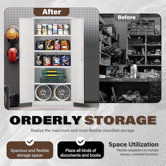 72”Metal Storage Cabinet, Lockable File Cabinets with 2 Doors and 4 Adjustable Shelves, Steel Tool Cabinets with Lock for Office, Home, Gym(White)