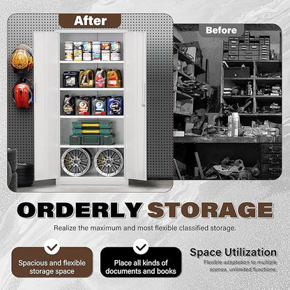 72”Metal Storage Cabinet, Lockable File Cabinets with 2 Doors and 4 Adjustable Shelves, Steel Tool Cabinets with Lock for Office, Home, Gym(White)
