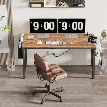 Lufeiya Gaming Desk with Power Outlet, 55 inch Teen Study Table Home Office Work Writing Computer Desks with Charging Station Outlets Built in, Brown