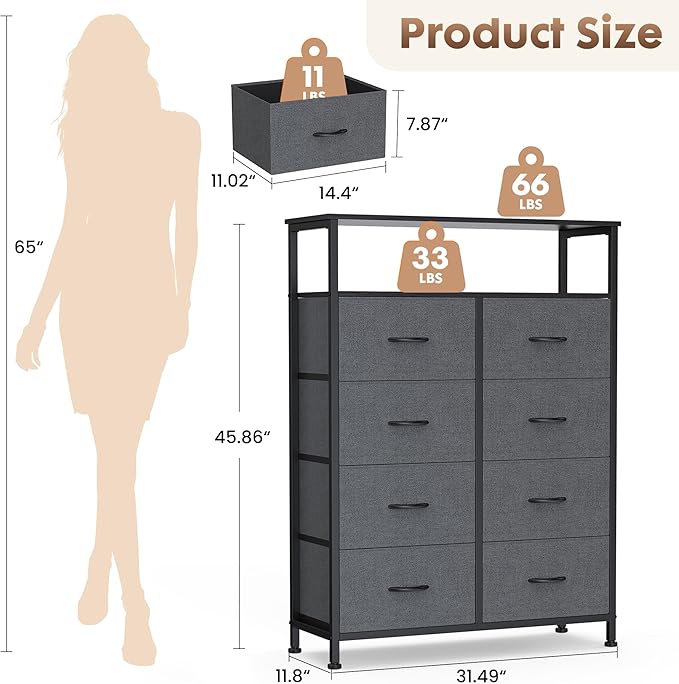 DUMOS Fabric Dresser for Bedroom with 8 Drawers, Tall 8-Drawer Chest of Drawers with Raised Shelf, Storage Tower with Fabric Bins for Closet Organization, Hallway Storage, Grey