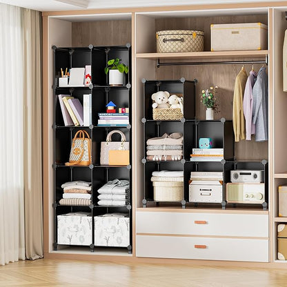 Neprock 16 Cubby Storage Organizer, Closet Clothes Storage Organizer, Cube Shelves Closet Organizers and Storage Shelves for Clothing Storage with Hammer, Bookshelf for Kids（Black）