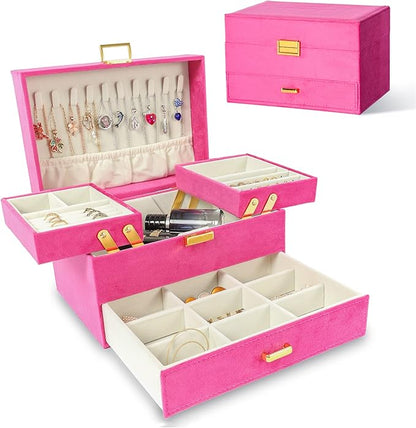 Dajasan Jewelry Organizer Box, Large Jewelry Boxes for Women Girls, Compact 3 Layers Jewelry Storage Case with Drawer, Gift Idea for Christmas, Valentine's Day, Birthday, Mother's Day (Red)