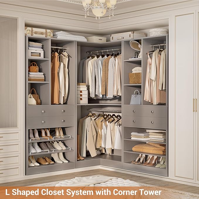 Closet System with 4 Drawers and Hanging Rods, 59.5"L / 87"L Closet Organizer System with Corner Tower, L Shaped Walk-in Closet System, Corner Closet System with Shelves, Set of 3, Morandi Grey