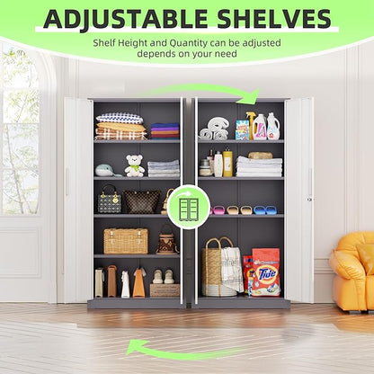 Bonusall 72" Metal Garage Storage Cabinet, 2 Locking Doors & 4 Adjustable Shelves Tall Storage, Heavy Duty Steel Tool Cabinet for Home, Office, Warehouse, School (White Grey)