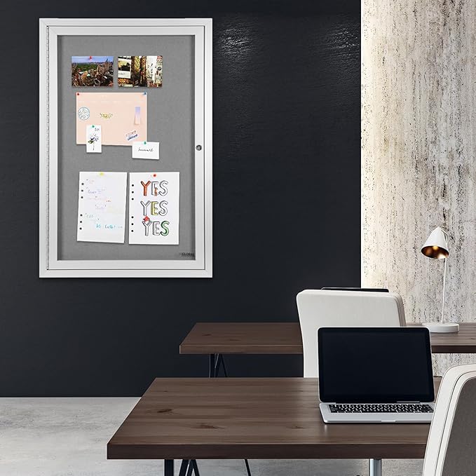 INNOVART Enclosed Bulletin Board 36” x 24”, Lockable Fabric Noticeboard with Aluminum Frame, Wall Display Case with Swing-Open Door Grey Felt, Information Cabinet for School, Office, Commercial, etc