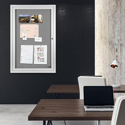 INNOVART Enclosed Bulletin Board 36” x 24”, Lockable Fabric Noticeboard with Aluminum Frame, Wall Display Case with Swing-Open Door Grey Felt, Information Cabinet for School, Office, Commercial, etc
