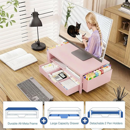 OPNICE Desk Organizers and Accessories, 2-Tier Computer Monitor Stand Riser with Drawer and 2 Pen Holders, Laptop Stand, Office Desk Accessories for Office Supplies, Pink