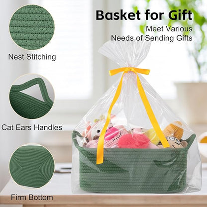 OIAHOMY Woven Basket, Gift Basket Empty with Gift Bags and Ribbons, Rope Baskets for Baby Showers, Storage Baskets with Handles for Nursery, Pet Toy Organizer - Olive Green