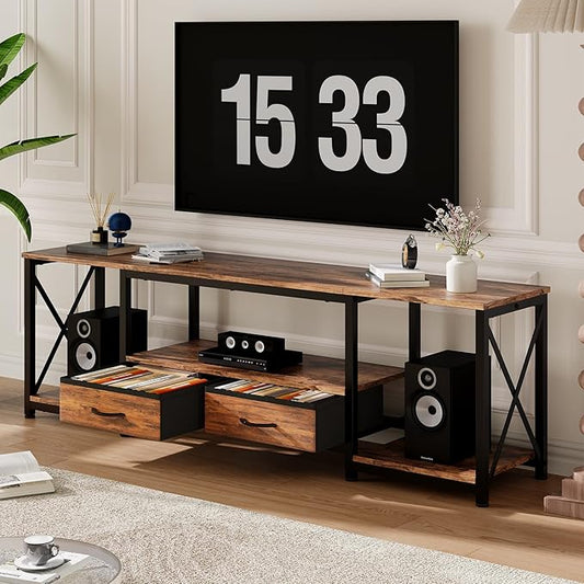 Garvee TV Stand with Fabric Drawers and Power Outlets for 75 70 65 Inch TV, TV Console Table, Entertainment Center with Open Storage Shelves for Living Room, Bedroom, Office, Rustic Brown