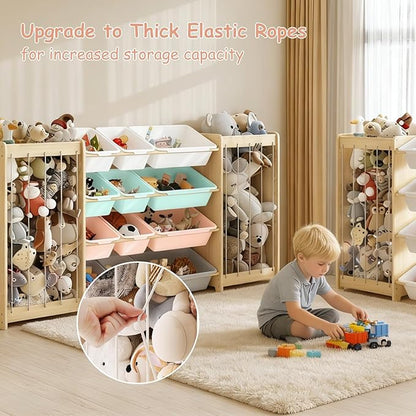 Large Toy Storage Organizer, Wooden Stuffed Animal Storage & 12-Bins Toy Organizer, Double-Sided Plush Toy Holder Featuring Thicker Ropes, Space Save Playroom Bedroom Nursery Storage, Multi