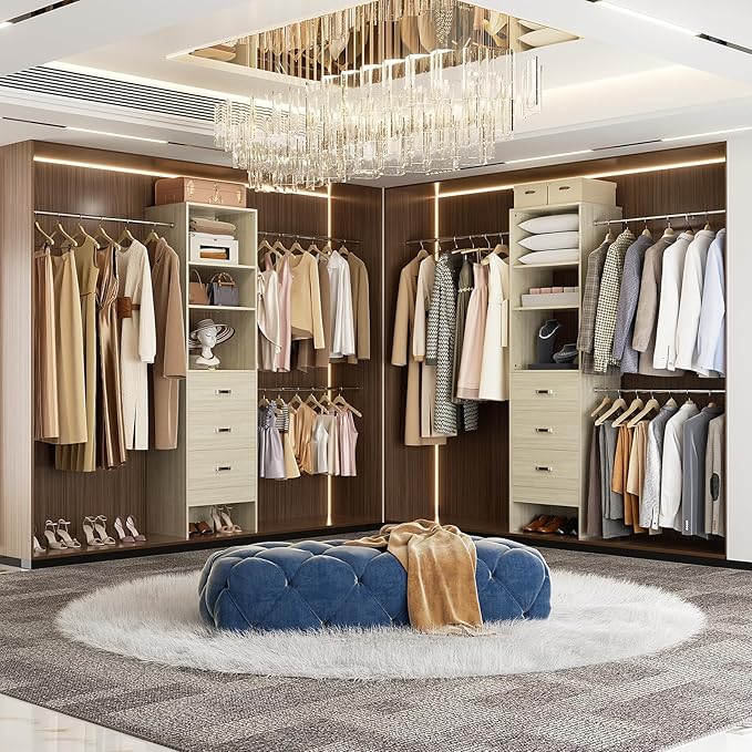 96'' Closet Organizer System with 3 Hanging Rods, 8FT Closet Organizers and Storage with 3 Wooden Drawers, Built in Closet Organizer Systems, Adjustable Walk-in Wardrobe from 2-8FT, Light Oak