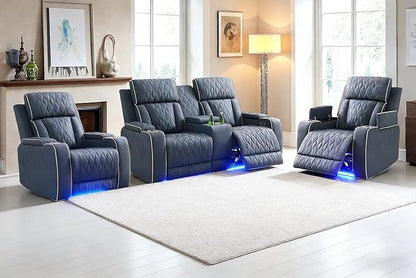 3 Pieces Reclining Living Room Set, Matte Leather Power Recliner Loveseat Chair Set, Living Room Furniture Sets with LED, Cup Holders Hidden Storage for Home/Office/Meeting Room,Creamy White